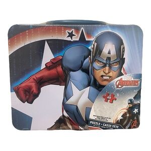 Marvel Captain America Avengers Tin Metal Lunch Box Container & Jigsaw Puzzle